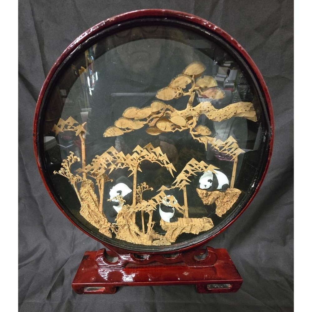 Vintage Chinese Panda Bamboo Diorama In Glass Case With Wooden Stand